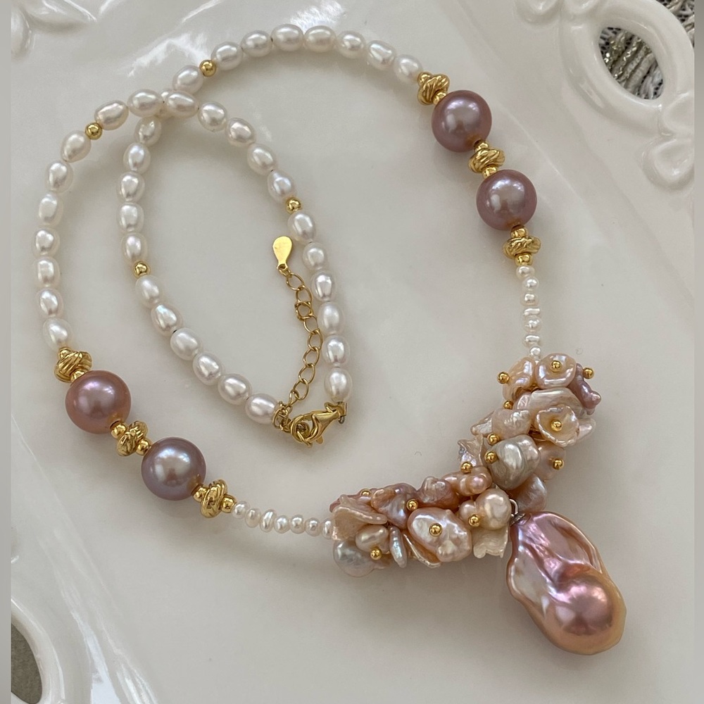 N74-Handmade High Quality Edison, Flameball And petal Pearl Necklace